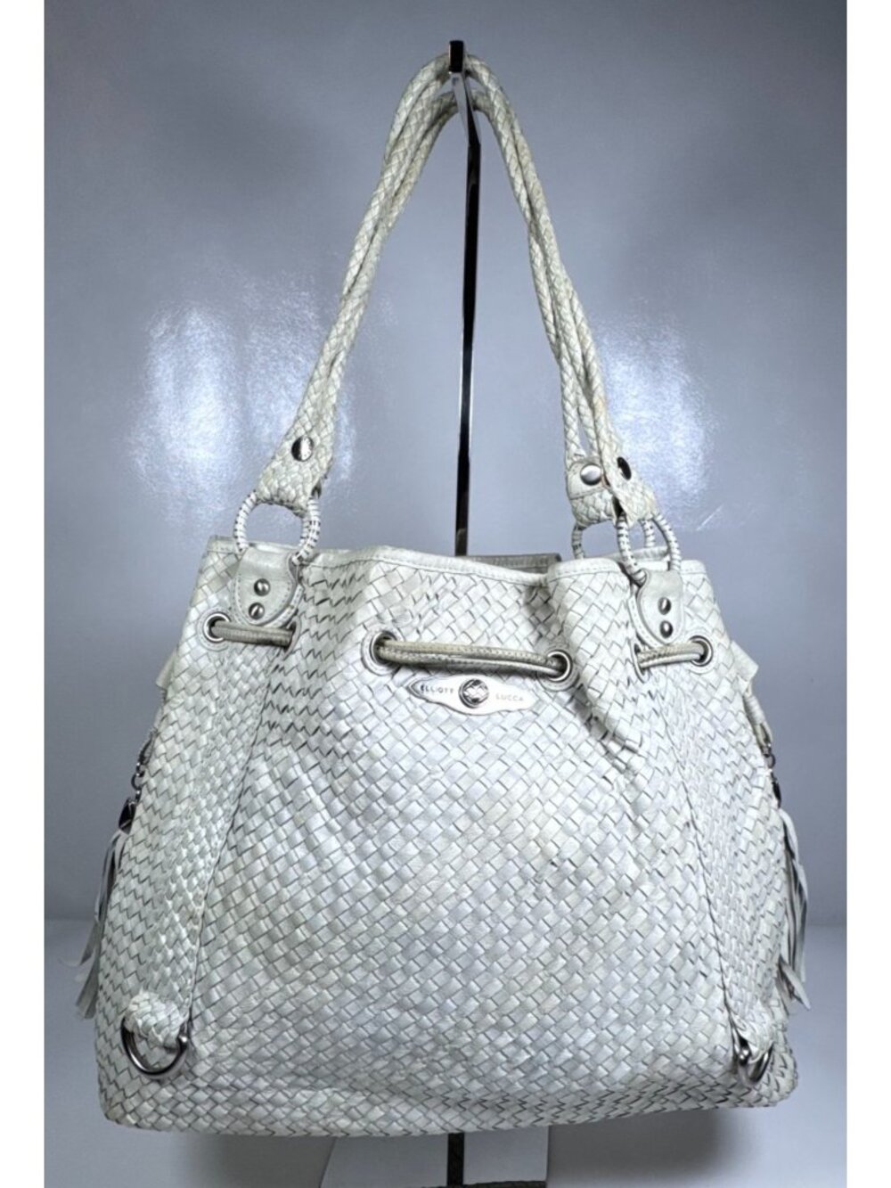Elliott Lucca White Woven Leather Drawstring Tote Shoulder Bag Tassel Handbag